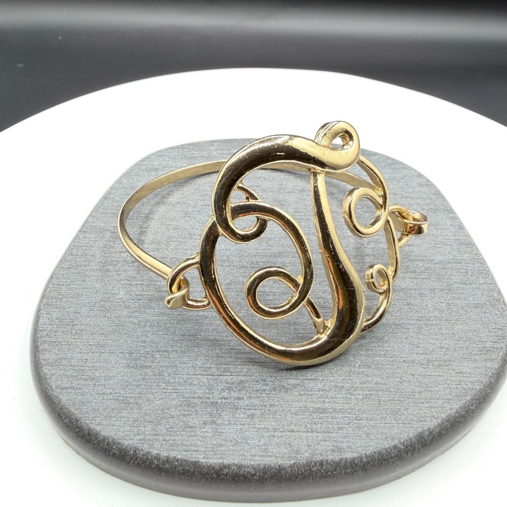 Gold Tone Script T Bracelet Ornate Scrollwork Initial Bangle Statement Jewelry